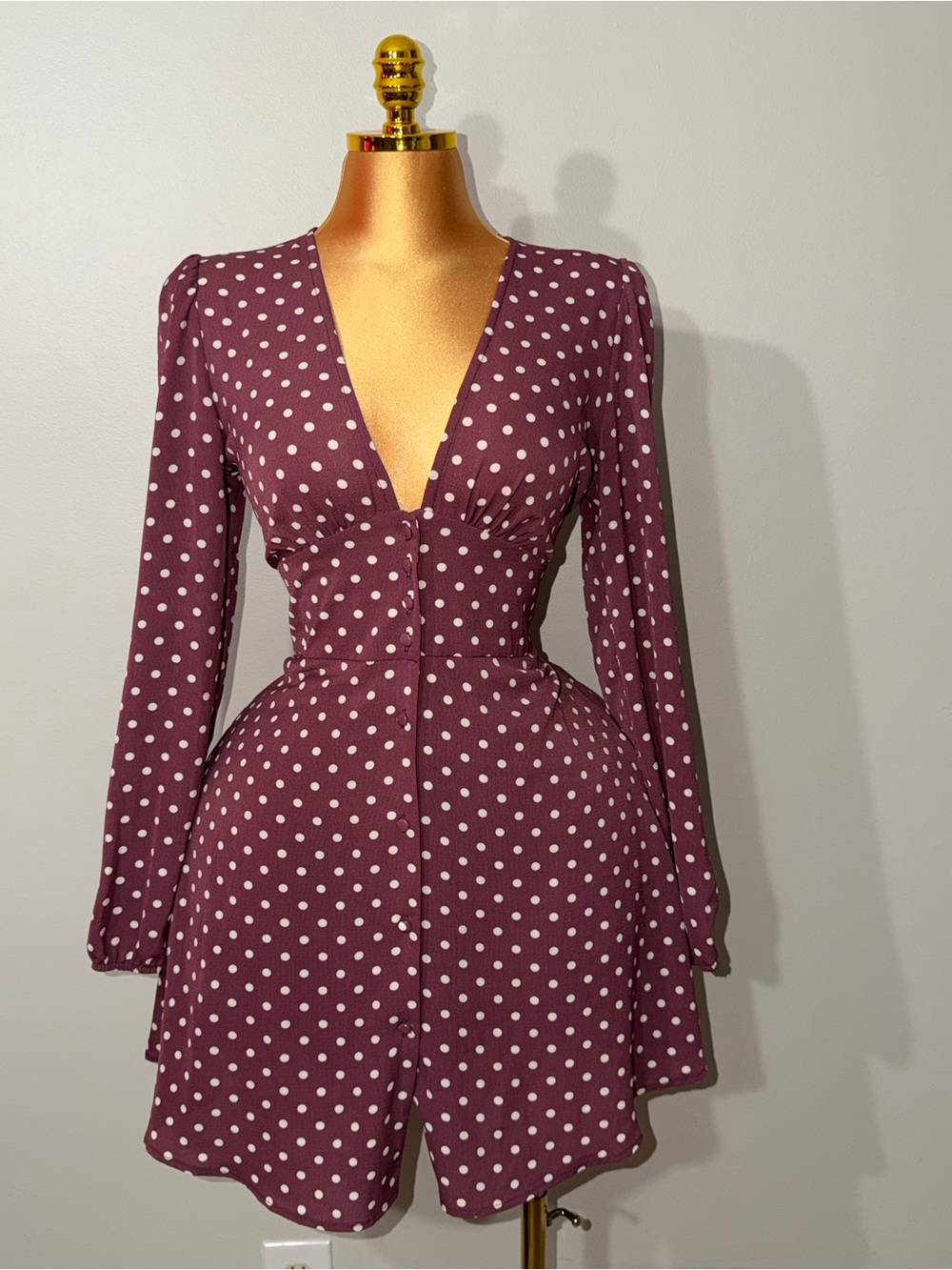 Polka Dot Long-Sleeve V-Neck Mini Dress in Burgundy Red